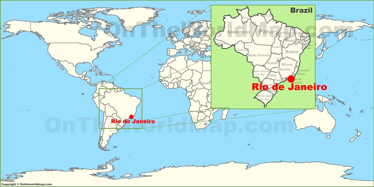 જ્યાં રિયો ડી જાનેરો સ્થિત વિશ્વના નકશા પર